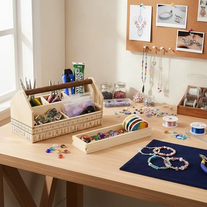 Ikee Design Small Wooden 5-Compartment Craft Tool Box Caddy with Drawer and Handle, Desk Art Supply Storage Organizer for Craft Tools, Makeup Essentials, 10 W x 4.9 D x 5.5 H in - color: Natural with Pattern
