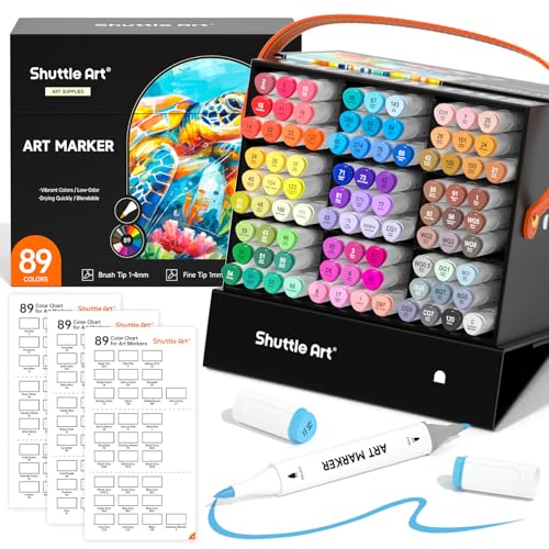 Shuttle Art Brush Tip Alcohol Markers, Dual Tip Brush & Fine Tip Art Marker Set, 89 Colors Marker Pens with Organized Case Perfect for Illustration Students Adults Coloring Sketching - color: 89 Colors