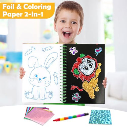 FUNNYB&G Foil Art Craft Kit for Kids 4-10 Years Old: Mess-Free & No-Glue, Create 16 Sparkly Dinosaur& Animal Pictures – Perfect Travel Toy & Birthday Gift for Kids (Dinosaur Animal) - style: Dinosaur