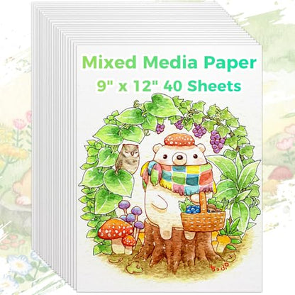 Mixed Media Paper 9" x 12", 40 Sheets (98lb/160gsm) Multipurpose Heavyweight Loose Drawing Art Paper for Sketching, Sketch Book, Gouache, Painting, Sketchbook, Drawing Pad Book, School - size: 9" x 12", 40 sheets, style: loose mixed media drawing paper