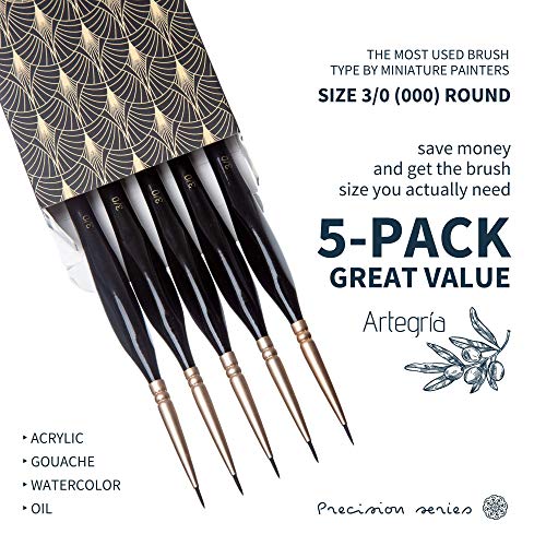 ARTEGRIA Detail Paint Brush Set, 5 Miniature Brushes with Fine Tips and Ergonomic Handles, Size Round 3/0 (000) for Small Scale Models, Figurines, Paint by Numbers for Adults