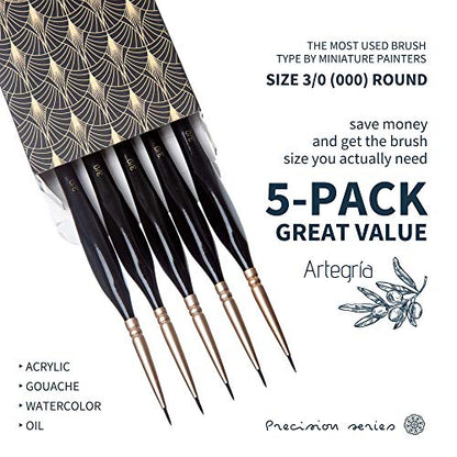 ARTEGRIA Detail Paint Brush Set, 5 Miniature Brushes with Fine Tips and Ergonomic Handles, Size Round 3/0 (000) for Small Scale Models, Figurines, Paint by Numbers for Adults