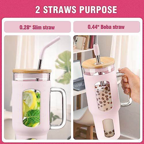 WINSA Glass Tumbler with Lid and Straw, 46 oz Iced Coffee Cup with Handle, Large Water Bottles with Silicone Sleeve, Glass Cup with Straws - Pearl Straw & Drinking Straw BPA Free-CottonPink - color: CottonPink, size: 46 Ounces