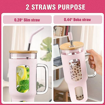 WINSA Glass Tumbler with Lid and Straw, 46 oz Iced Coffee Cup with Handle, Large Water Bottles with Silicone Sleeve, Glass Cup with Straws - Pearl Straw & Drinking Straw BPA Free-CottonPink - color: CottonPink, size: 46 Ounces