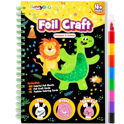 FUNNYB&G Foil Art Craft Kit for Kids 4-10 Years Old: Mess-Free & No-Glue, Create 16 Sparkly Dinosaur& Animal Pictures – Perfect Travel Toy & Birthday Gift for Kids (Dinosaur Animal) - style: Dinosaur