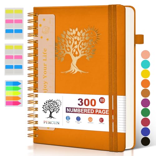 PERCUN B5 Spiral Notebook 300 Numbered Lined Pages Hardcover Journal 7"x10" | College Ruled Spiral Bound Notebook with Tabs, Large Leather Journal for Women Men, Work, School, Travel,Writing,Note Taking - color: Orange, size: B5 size (7in x 10in)