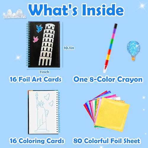 FUNNYB&G Foil Art Craft Kit for Kids 4-10 Years Old: Mess-Free & No-Glue, Create 16 Sparkly Famous Building Pictures – Perfect Travel Toy & Birthday Gift for Kids (Buildings) - style: Building