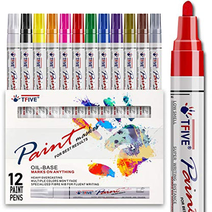 TFIVE Paint Pens Paint Markers Never Fade Quick Dry and Permanent, 12 Color Oil-Based Waterproof Marker Pen Set for Rock Painting, Ceramic, Wood, Fabric, Plastic, Canvas, Glass, Mugs