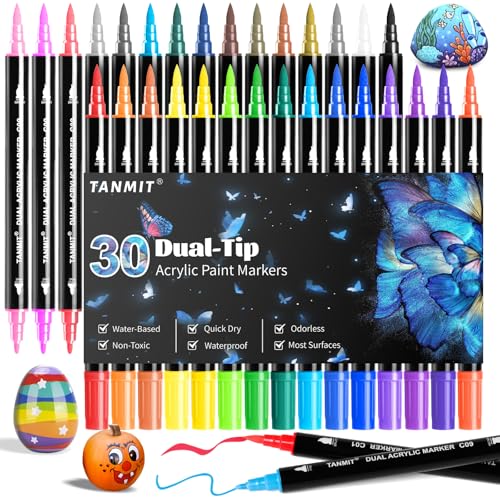 TANMIT 30 Colors Acrylic Paint Pens, Dual Tip Acrylic Paint Markers with Brush Tip and Fine Tip, Acrylic Pens for Rock Painting, Wood, Canvas, Stone, Glass, Ceramic,DIY Crafts Making Art Supplies
