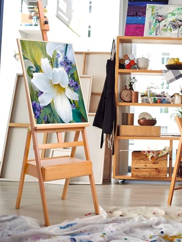 H Frame Easel with Drawer, French Style Artist Easel Solid Beech Wood Adjustable Height 59" to 75" Painting Canvas Holder Stand Tilts Flat Easels for Oil Painting Studio Classroom Adult Kids Wooden C