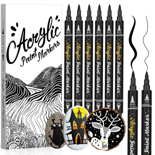 AKARUED 6 Pack Acrylic Black Paint Marker - Dual Tip Acrylic Black Paint Pen (Fine & Brush) Permanent Markers for Rock, Wood, Metal, Coloring Books, Stone, DIY Crafts, and Christmas Decorations - color: Black