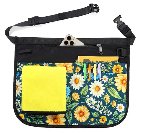 Waterproof Server Apron for Women with 5 Pockets,Quickly Put on and Take off Waitress Aprons,Work Apron for Bartender Barista - color: Green Flowers