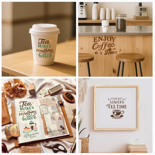12 Sheets Stencils for Painting, 12 Styles Coffee Afternoon Tea Designs Drawing Templates Reusable Art Stencil for Hand Forearm Painting on Wall Wood Home Decor - style: Coffee