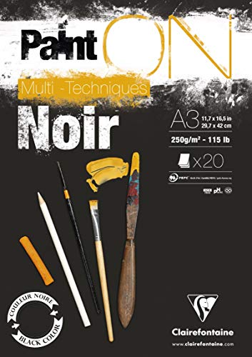 Clairefontaine - Ref 975170C - Paint'ON Multi-Technique Black Paper Pad (20 Sheets) - A3 Size, 250gsm Heavyweight Paper, Slight Rough Grain, Acid Free, pH Neutral - color: Black, size: A3
