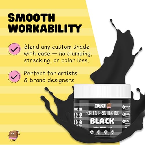 Tinks® Screen Printing Ink - Black - 8oz Water-Based Fabric Ink - Screen Printing, Stenciling, Tote Bags & Fabric Stamping - Non-Toxic, No Harsh Fumes, Soap & Water Cleanup - Made in California - color: Black