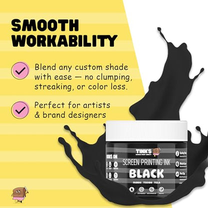 Tinks® Screen Printing Ink - Black - 8oz Water-Based Fabric Ink - Screen Printing, Stenciling, Tote Bags & Fabric Stamping - Non-Toxic, No Harsh Fumes, Soap & Water Cleanup - Made in California - color: Black