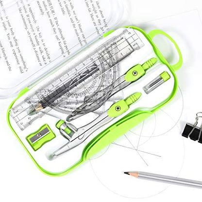 Unjoo Math Geometry Kit Sets 10 Piece Student Supplies with Shatterproof Storage Box,Includes Rulers,Protractor,Compass,Eraser,Pencil Sharpener,Lead Refills,Pencil,for Drafting and Drawings（Green） - color: Green