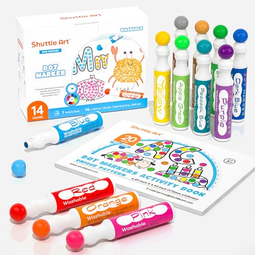 Shuttle Art Dot Markers, 14 Colors Bingo Daubers with 20 Unique Patterns of Dot Book for Toddler Art Activities, Non-Toxic Washable Coloring Markers for Preschool Kids Learning - color: 14 Colors