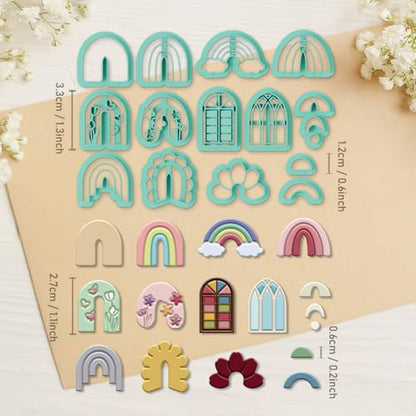 ORIGACH 14 Pcs Boho Arch Shape Polymer Clay Cutters, Rainbow Flower Frame Design Clay Cutters for Polymer Clay Jewelry Earrings with a Clear Storage Box - style: Arch