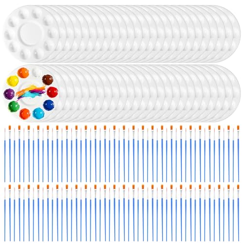 150 Pcs Painting Brushes Palettes Set, Including 50 Painting Palettes with 10 Wells, 100 Small Paint Brushes (Flat/Round), Nylon Brush Head, Paint Supplies for Acrylic Oil Watercolor Canvas Art DIY