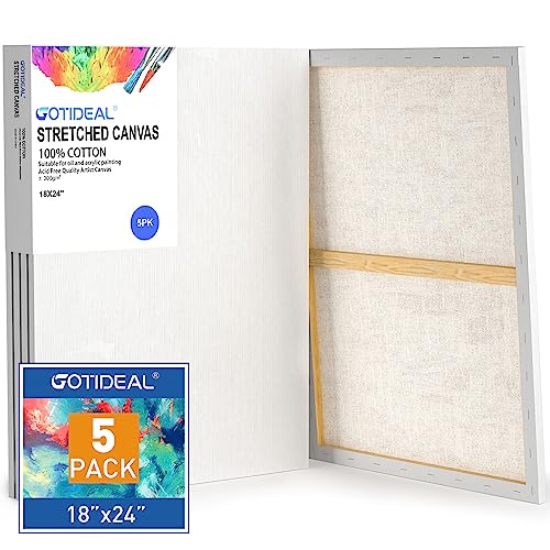 GOTIDEAL Stretched Canvases for Painting, 18x24" Inch Set of 5, Primed White - 100% Cotton Blank Art Canvas Boards for Painting for Acrylic Pouring, Oil Paint Dry & Wet Art Media - color: White, size: 18"x24"