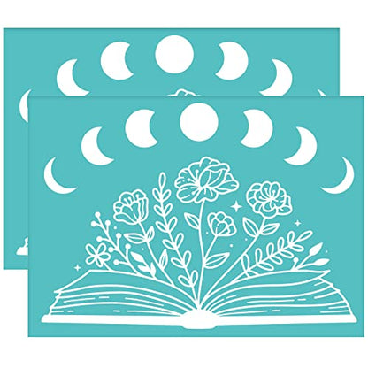 OLYCRAFT 2pcs Self-Adhesive Silk Screen Printing Stencils - Flower Book Moon Patterns Washable Reusable Signs for Printing on Wood DIY T-Shirt Pillow - 7.7x5.5 Inch - color: Flower Book