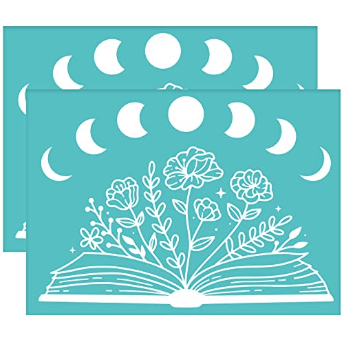 OLYCRAFT 2pcs Self-Adhesive Silk Screen Printing Stencils - Flower Book Moon Patterns Washable Reusable Signs for Printing on Wood DIY T-Shirt Pillow - 7.7x5.5 Inch - color: Flower Book