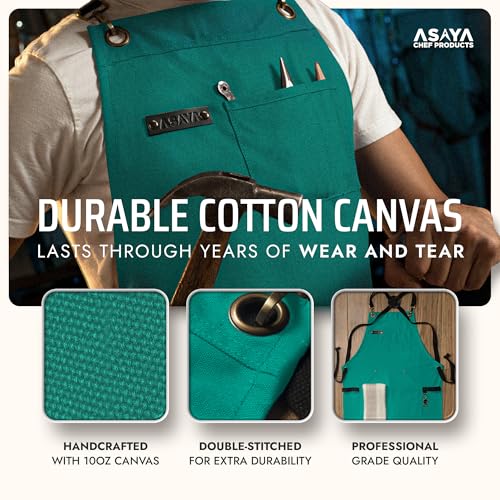 Asaya Chef and BBQ Apron with Bottle Opener and Hand Towel - 10oz Cotton Canvas, Stainless Steel Hardware - Cross Back Straps - color: Forest Green