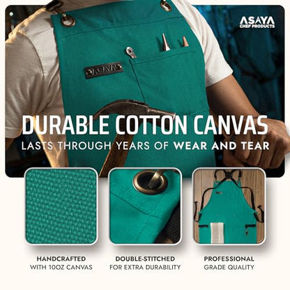 Asaya Chef and BBQ Apron with Bottle Opener and Hand Towel - 10oz Cotton Canvas, Stainless Steel Hardware - Cross Back Straps - color: Forest Green
