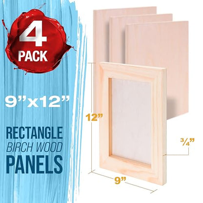 U.S. Art Supply 09" x 12" Unfinished Cradled Wood Panels for Painting, Studio 3/4" Deep (4 Pack) - Artist Depth Birch Wooden Wall Canvases - Mixed-Media Craft, Acrylic, Oil, Encaustic, Paint Pouring - size: 9" x 12"