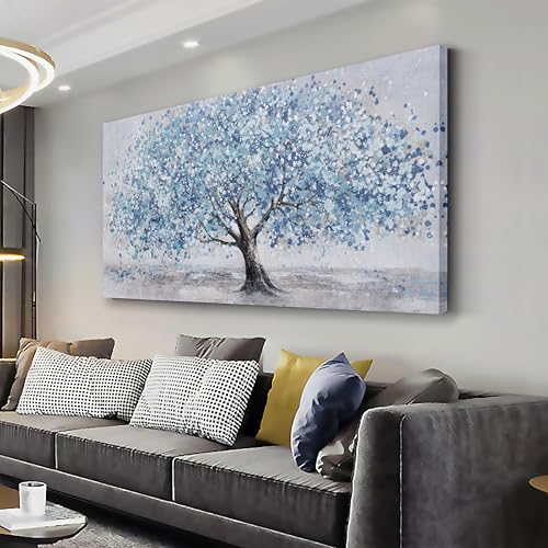 Tree of Life Wall Art Blue Tree Picture Wall Decor Artwork Framed Abstract Canvas Painting Nature Decor for Living Room Bedroom Bathroom Office Home Decor 58"x29"Can Be Hung Directly - color: Blue, size: 58"L x 29"W