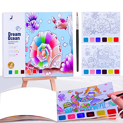 JUNQIU Watercolor Coloring Books for Kids Ages 4-8, Pocket Watercolor Painting Book for Toddlers, Arts and Crafts for Girls Gifts, Stocking Stuffers For Kids - color: Dream Ocean