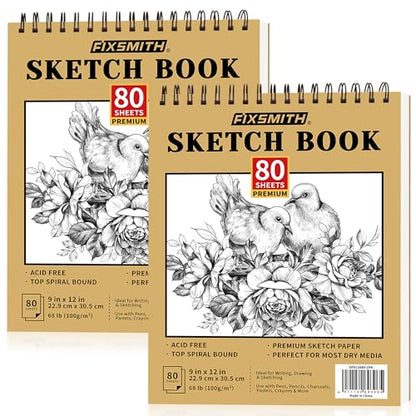 FIXSMITH 9"X12" Sketch Book | 160 Sheets (68 lb/100gsm) | 2 Pack Sketchbooks | Top Spiral Bound Artist Sketch Pad | Acid Free Drawing Pad | Ideal for Kids,Beginners,Artists &Painters | Bright White - color: Tan, size: 9"x12"-2 Pack