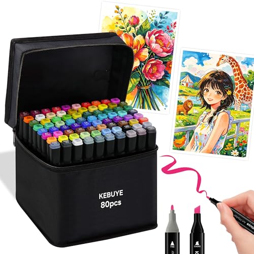 Kebuye 80 Colors Alcohol Markers Set, Dual Tips Blender Art Markers for Drawing Sketching Coloring Artist Pens and Underlining, Professional Permanent Sketch Markers for Kids Adult Coloring - style: Black-80PCS