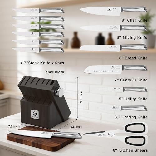 imarku Japanese High Carbon Stainless Steel Knife Set with Block, Precision-Forged Gyutou Kitchen Knives with Built-in Sharpener, Ultra-Sharp 10–15° Edge, Ergonomic Non-Slip Handle, Dishwasher Safe - color: Silver Gray