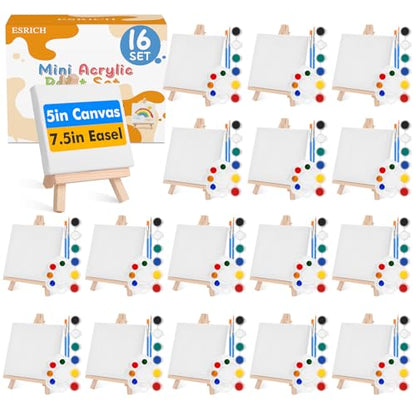 ESRICH 16 Set Mini Acrylic Paint Kit, 5in Mini Stretched Canvas with 7.5in Easel, Acrylic Paint Strips, Paint Palettes, Painting Brushes, Small Canvas and Easel Set for Kids Artists Beginner, Gift - size: 16 set 5 x 5 inches