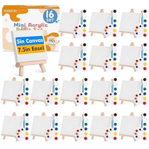 ESRICH 16 Set Mini Acrylic Paint Kit, 5in Mini Stretched Canvas with 7.5in Easel, Acrylic Paint Strips, Paint Palettes, Painting Brushes, Small Canvas and Easel Set for Kids Artists Beginner, Gift - size: 16 set 5 x 5 inches