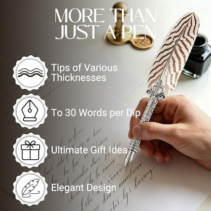 Joyeee Writing Quill and Ink Set, With Stainless Steel Replaceable Nibs, Sliver Metal Carving Pen Holder, Feather Pen Ink for Beginners and Calligraphy Enthusiasts, Retro Writing and Drawing Tool - color: Beige Quill Pen Set