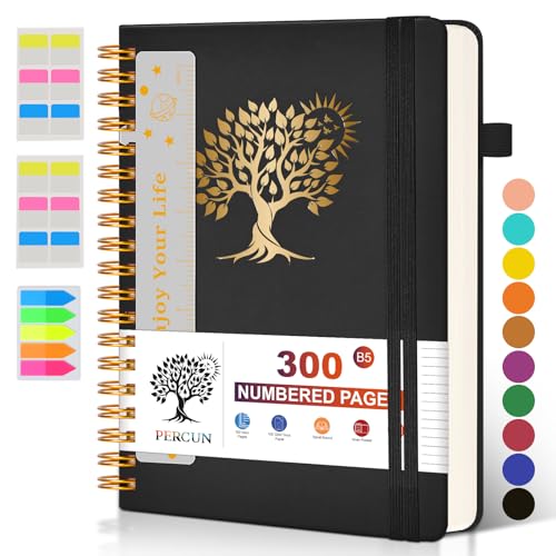 PERCUN B5 Spiral Notebook 300 Numbered Lined Pages Hardcover Journal 7"x10" | College Ruled Spiral Bound Notebook with Tabs, Large Leather Journal for Women Men, Work, School, Travel,Writing,Note Taking - color: Black, size: B5 size (7in x 10in)