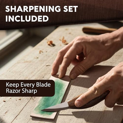Wood Carving Kit for Beginners - Gift Ready Complete Tools Set | Whittling Kit with 8 Wood Carving Knives, Spoon Carving Tools, Wood Blocks, Gloves, Roll Bag and Sharpening Strop