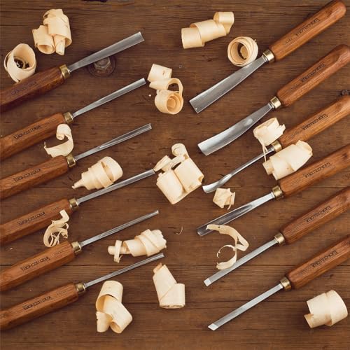12-Pieces Woodworking Wood Carving Tools Chisel Set with Wooden Box, Razor Sharp CR-V 60 Steel Blades - size: 12PCS with Teak Wood Handle