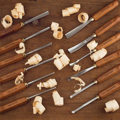 12-Pieces Woodworking Wood Carving Tools Chisel Set with Wooden Box, Razor Sharp CR-V 60 Steel Blades - size: 12PCS with Teak Wood Handle