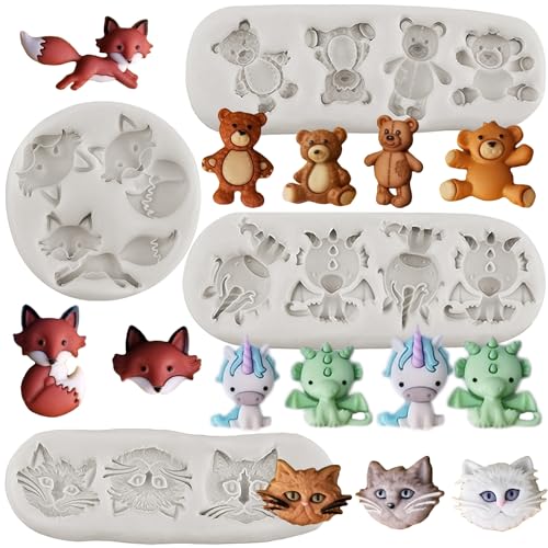 Cat Head Fox Unicorns Bear Silicone Fondant Molds For Cake Decorating Cupcake Topper Candy Chocolate Polymer Clay Gum Paste Set of 4