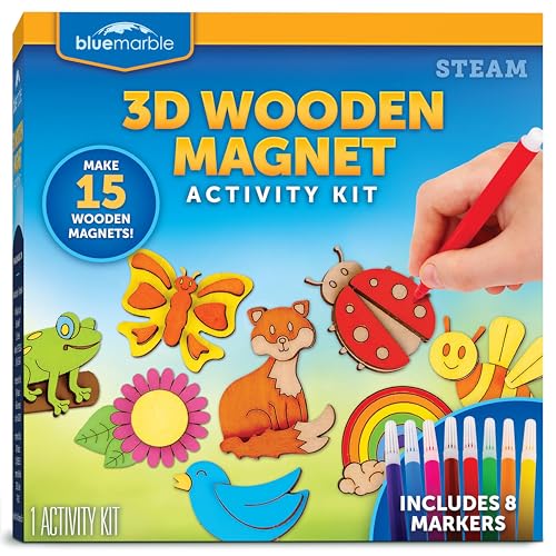 Blue Marble Wooden Magnet Craft Kit - Create & Paint 15 Nature-Themed Magnets with 8 Watercolor Pens, Magnet Art Kit, DIY Magnets for Kids, Magnet Arts and Crafts, Magnet Painting Kit for Kids