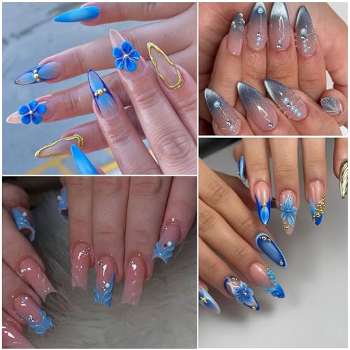 Nail Art Pearls with Rhinestones Glue Gel Flatback Pearls Nail Charms Luxurious Nails Supplies Accessories Gold Silver Gems Jewelry Pearl for Women Nails Design(Blue) - color: Colorful-17