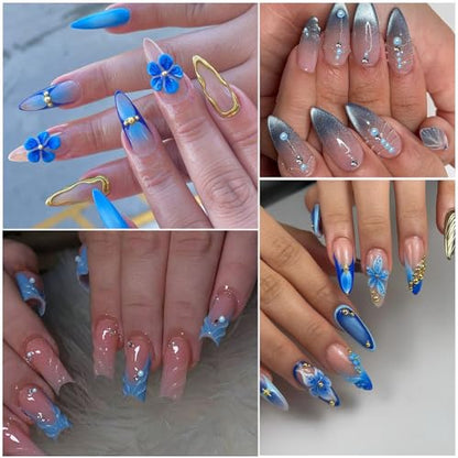 Nail Art Pearls with Rhinestones Glue Gel Flatback Pearls Nail Charms Luxurious Nails Supplies Accessories Gold Silver Gems Jewelry Pearl for Women Nails Design(Blue) - color: Colorful-17
