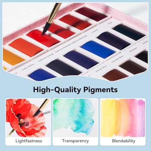 Arrtx Watercolor Paint Set, 24 Full Pans with Vibrant Colors - Non-Toxic, Lightfast Professional Art Supplies Ideal for Sketching, Illustration & Travel Use