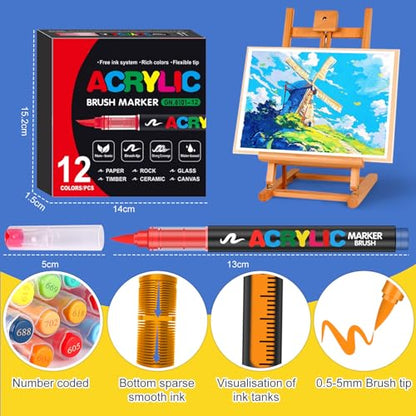 Amamao Acrylic Paint Markers, Soft Brush Tip Pens and Markers, Acrylic Paint Pens for Wood, Stone, Canvas, Glass, Fabric, Egg, Rock Painting and DIY Crafts Art Supplies (12) - style: 12 BOX