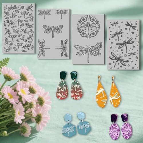 4 Sheets Dragonfly Clay Texture Mat Leaves and Flowers Pattern Polymer Clay Texture Sheets DIY Tools for Pottery Earring Jewelry Making Stamp Engraving Machines, 4x2.6inch - style: Dragonfly