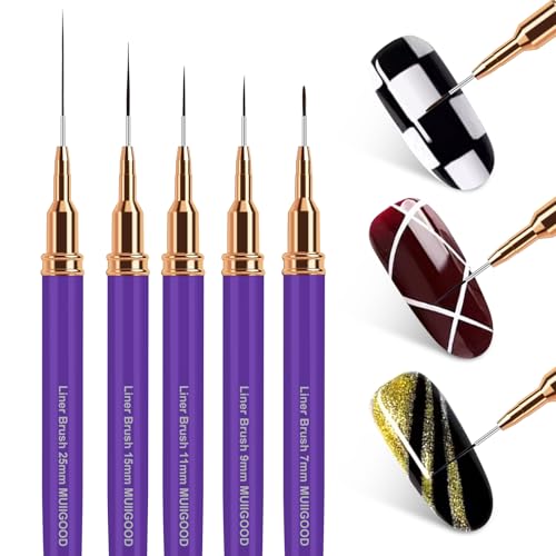 MUIIGOOD Nail Art Liner Brushes, 5Pcs Liner Brush For Nails, Painting Nail Art Brush Set Dotting Drawing Tool for Long Lines, Thin Details, UV Gel Polish Painting, Fine Drawing 7/9/11/15/25mm(Purple) - color: Purple